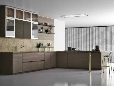 Cucina Moderna angolare in rovere con penisola con particolari in ottone D23 001 di Doimo Cucine