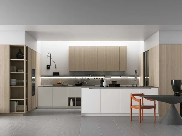 Cucina Moderna con isola a muro in laccato bianco opaco e rovere con top in Pietra Piasentina D23 004 di Doimo Cucine