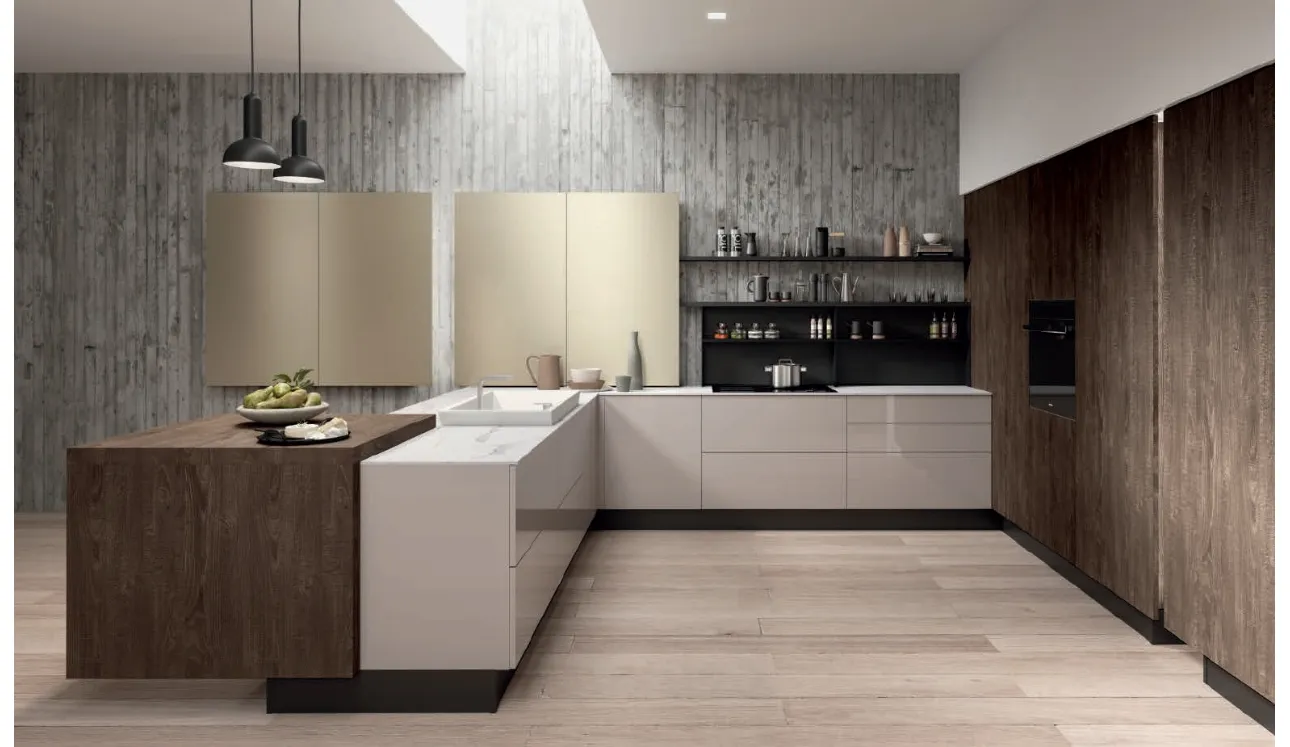 Cucina Moderna con penisola Erika in PET grigio Beton e LPL Quercia Moka di Aran