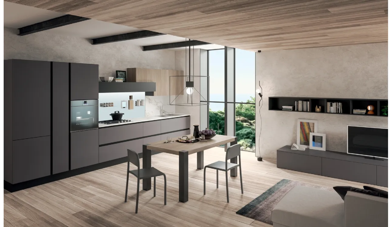 Cucina Moderna lineare Erika in LPL Ombra con profilo Nero e Rovere Brugès di Aran