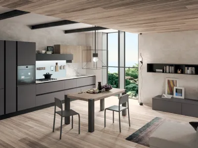 Cucina Moderna lineare Erika in LPL Ombra con profilo Nero e Rovere Brugès di Aran