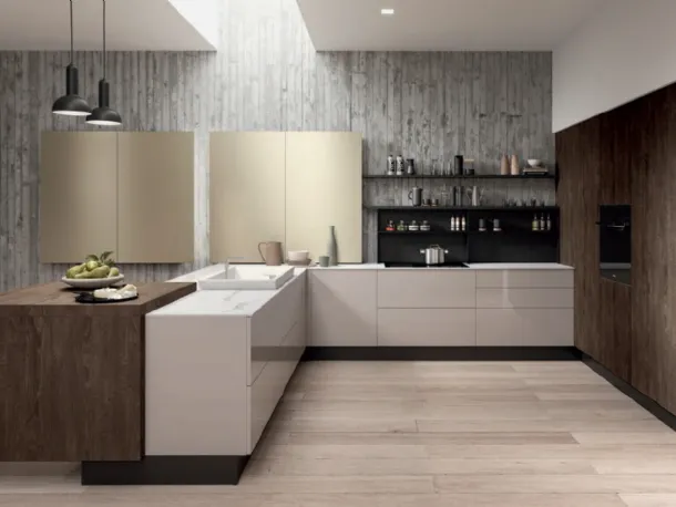 Cucina Moderna angolare Erika in PET grigio Beton e LPL Quercia Moka di Aran