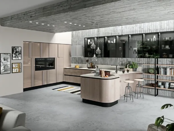 Cucina Moderna con penisola Erika in LPL Rovere cipria di Aran