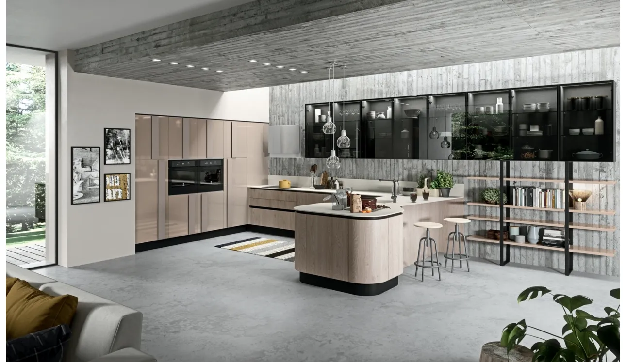 Cucina Moderna con penisola Erika in LPL Rovere cipria di Aran