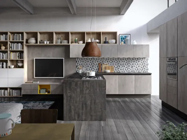Cucina Moderna angolare Faro e Quadro Rovere graffiato e Cemento di Aran