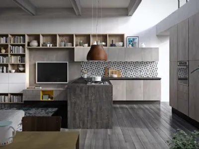 Cucina Moderna angolare Faro e Quadro Rovere graffiato e Cemento di Aran