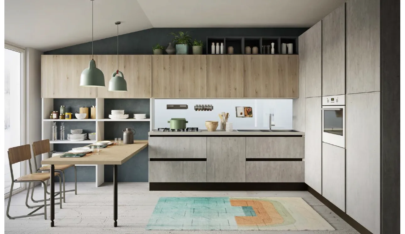 Cucina Moderna lineare Faro e Quadro in Pino grigio e Cemento chiaro di Aran