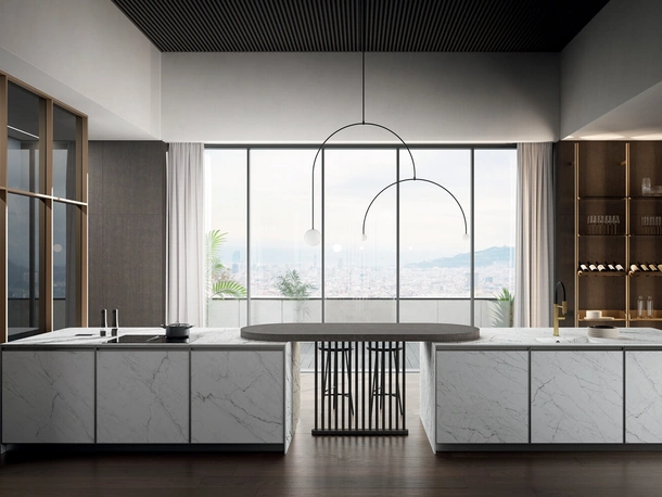 Cucina Moderna in laminam statuarietto con penisola Kronos di Arredo3
