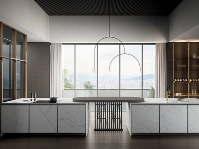Cucina Moderna in laminam statuarietto con penisola Kronos di Arredo3