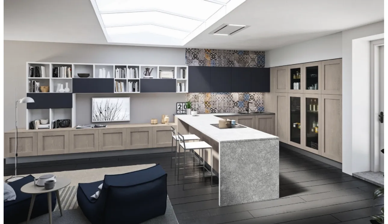 Cucina Moderna angolare con penisola Licia in legno di Rovere e Cemento di Aran