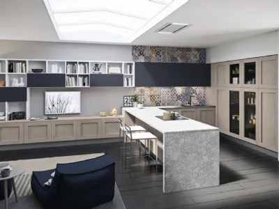 Cucina Moderna angolare con penisola Licia in legno di Rovere e Cemento di Aran