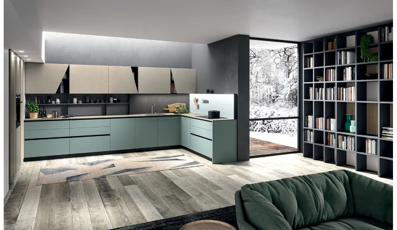 Cucina Moderna angolare Mia in LPL Verde Oliva e Argilla di Aran