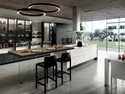 Cucina Moderna lineare con penisola Mia in LPL e top in HPL effetto marmo di Aran