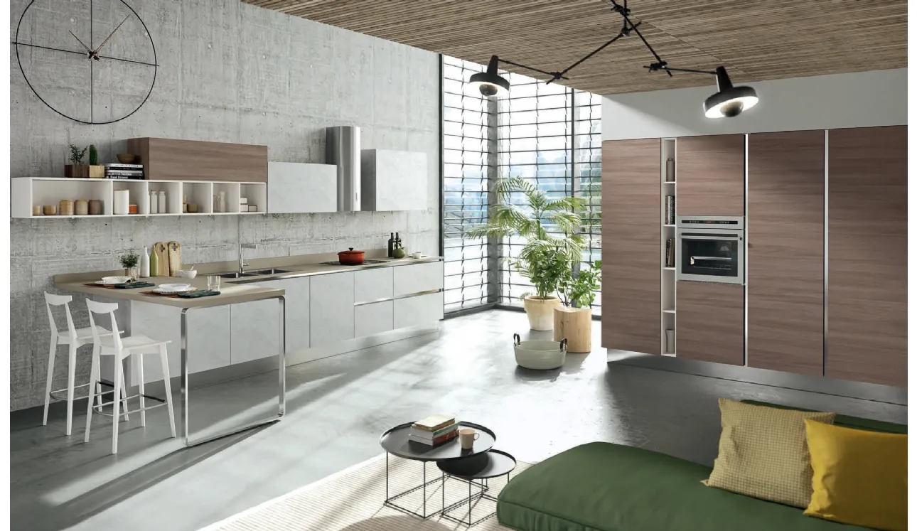 Cucina Moderna con penisola Mia in LPL Malta e Bianco seta di Aran