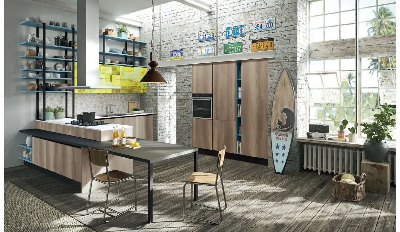 Cucina Moderna con penisola Mia in melaminico Rovere graffiato di Aran