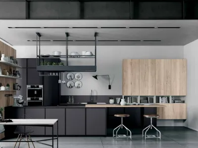 Cucina Moderna lineare Smart 05 in laccato opaco lavagna e laminato rovere chiaro di Nova Cucina