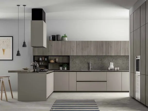 Cucina Moderna angolare Smart 06 in laccato opaco e laminato legno nordico di Nova Cucina