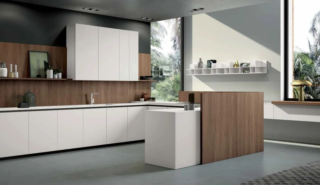 Cucina Moderna con penisola Smart 04 in laminato bianco e noce di Nova Cucina