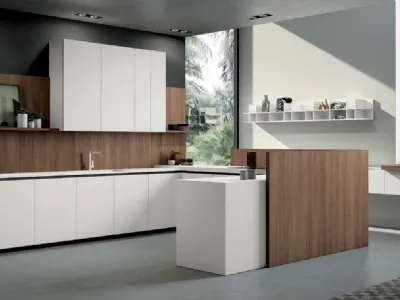 Cucina Moderna con penisola Smart 04 in laminato bianco e noce di Nova Cucina