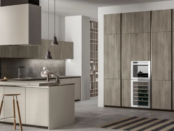 Cucina Moderna con penisola Smart 09 in laccato opaco e laminato legno nordico di Nova Cucina