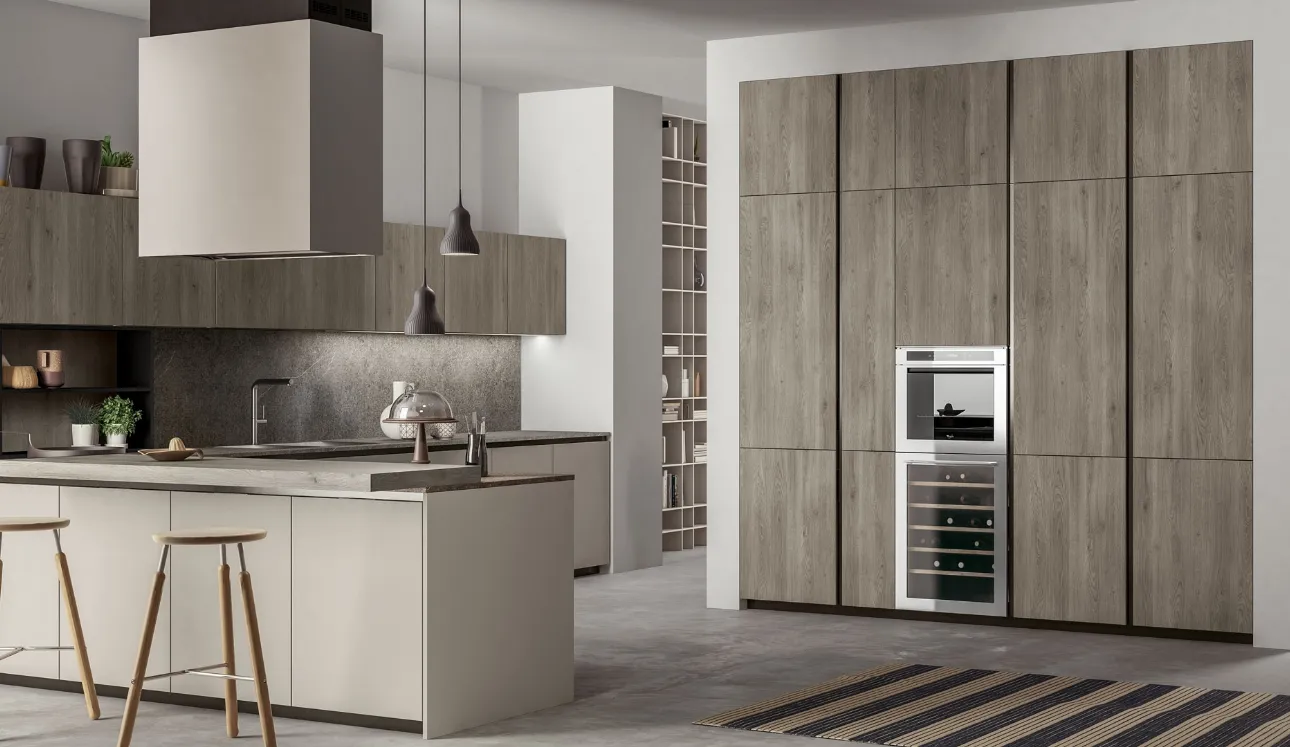 Cucina Moderna con penisola Smart 09 in laccato opaco e laminato legno nordico di Nova Cucina