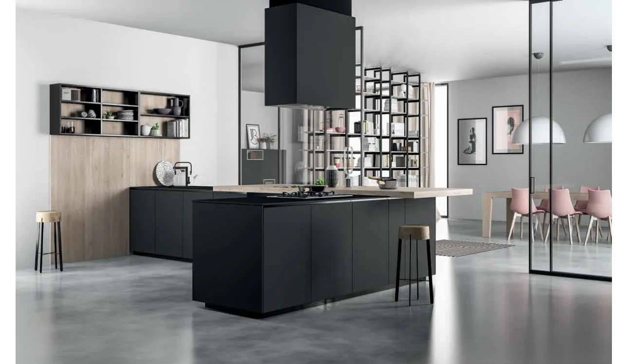 Cucina Moderna con penisola Smart 20 in laminato legno e laminato Fenix nero di Nova Cucina