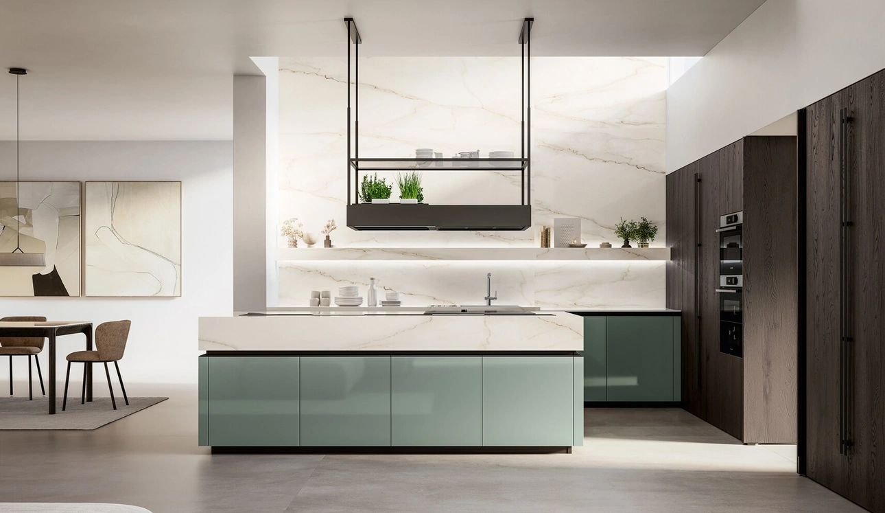 Cucina Moderna con isola Time 04 in laccato lucido e rovere ebano di Arredo3