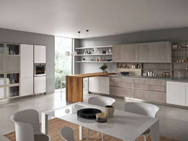 Cucina Moderna con penisola Vita Bella in Rovere Dust e laccato Bianco opaco di Aran