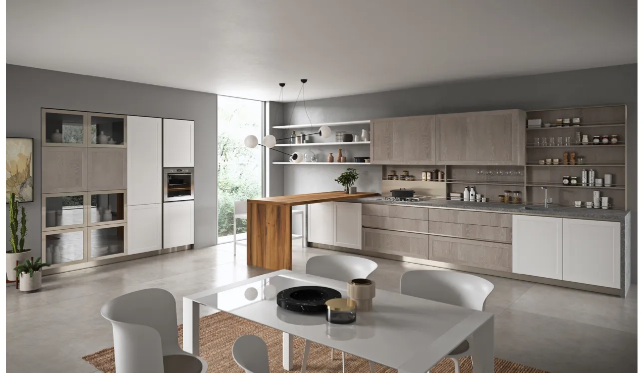 Cucina Moderna con penisola Vita Bella in Rovere Dust e laccato Bianco opaco di Aran