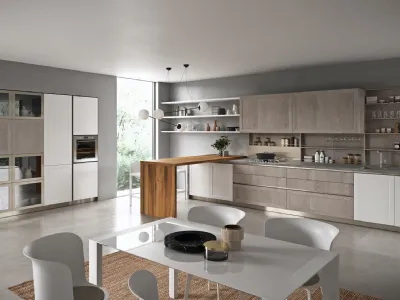 Cucina Moderna con penisola Vita Bella in Rovere Dust e laccato Bianco opaco di Aran