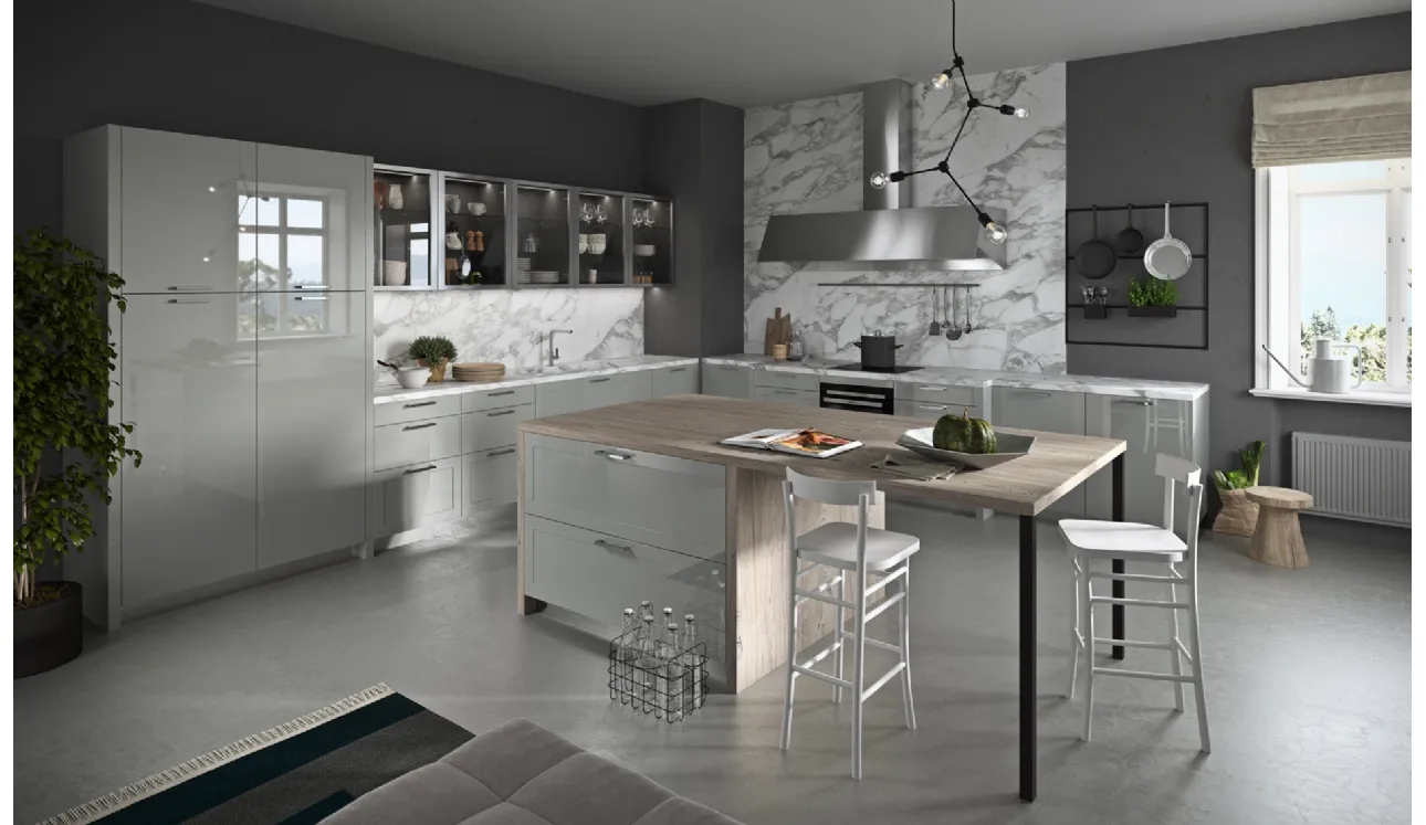 Cucina Moderna angolare con isola Vita Bella in laccato lucido Grigio e top in marmo di Carrara di Aran