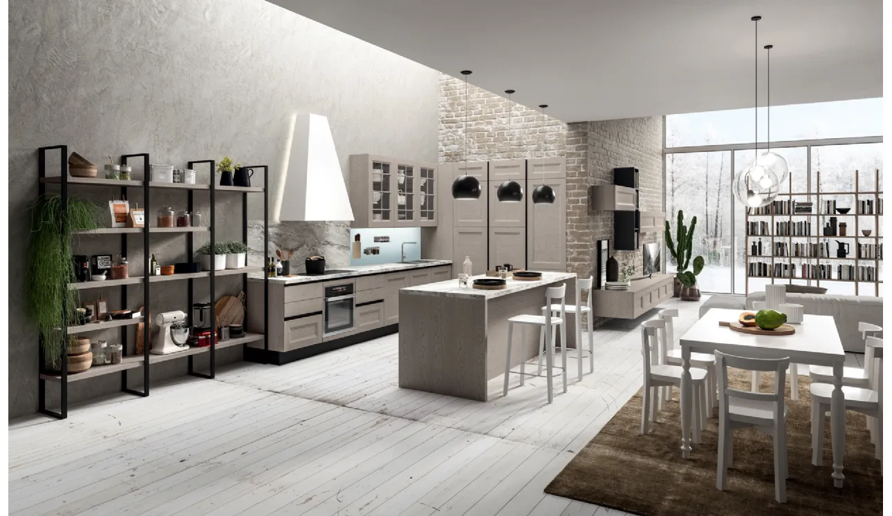 Cucina Moderna lineare Ylenia in legno di Frassino laccato Creta di Aran