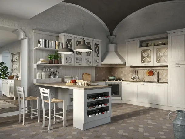 Cucina Shabby Chic Bellagio angolare con penisola in Frassino Bianco decapè di Aran