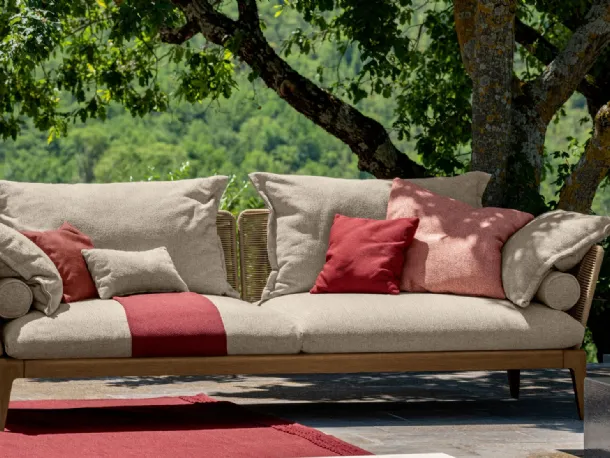 Divano lineare in legno di teak e tessuto Cruise Teak di Talenti