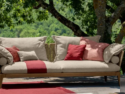 Divano lineare in legno di teak e tessuto Cruise Teak di Talenti