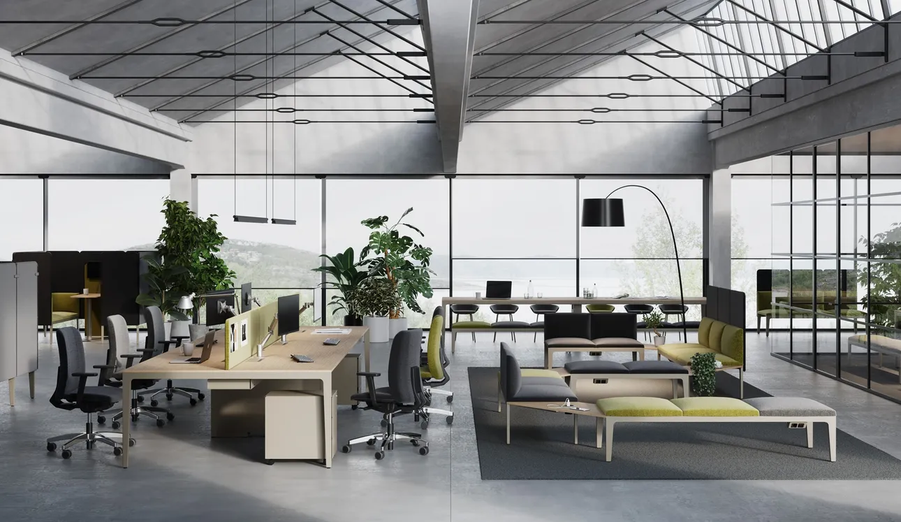 Scrivania Operativa Alplus con top in melaminico e gambe in metallo di Frezza